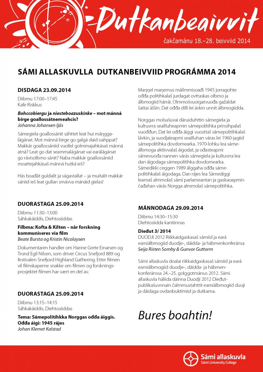 Dutkanbeivviid prográmma 2014 Sámi allaskuvlla dutkanbeivviid prográmma 2014