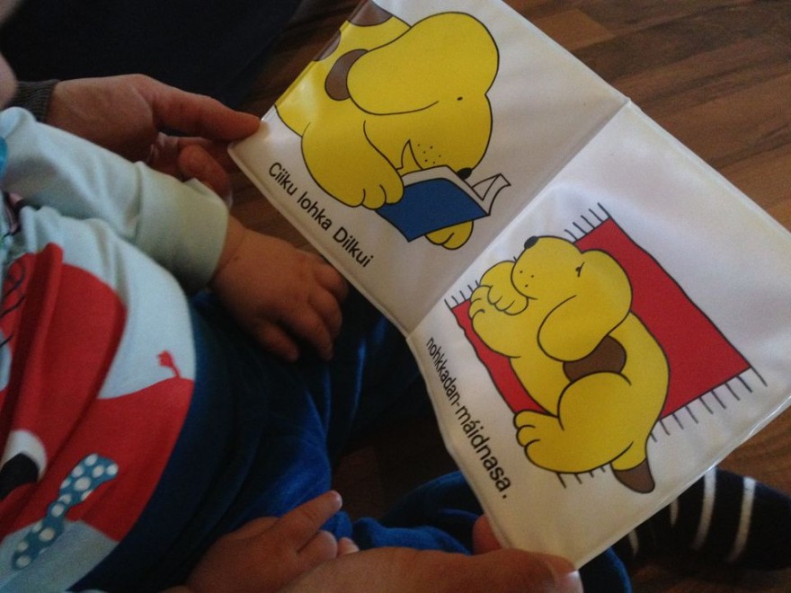 Sámegiel mánáidgirji Barn leser barnebok på samisk